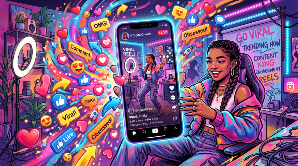 A digital creator recording a viral video on a smartphone surrounded by floating likes, hearts, and social media engagement icons