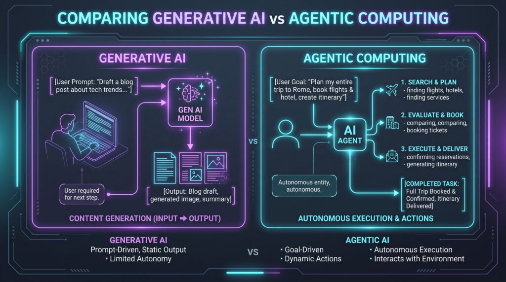 Side-by-side comparison infographic showing Generative AI prompt-and-response workflow versus Agentic AI autonomous multi-step execution.