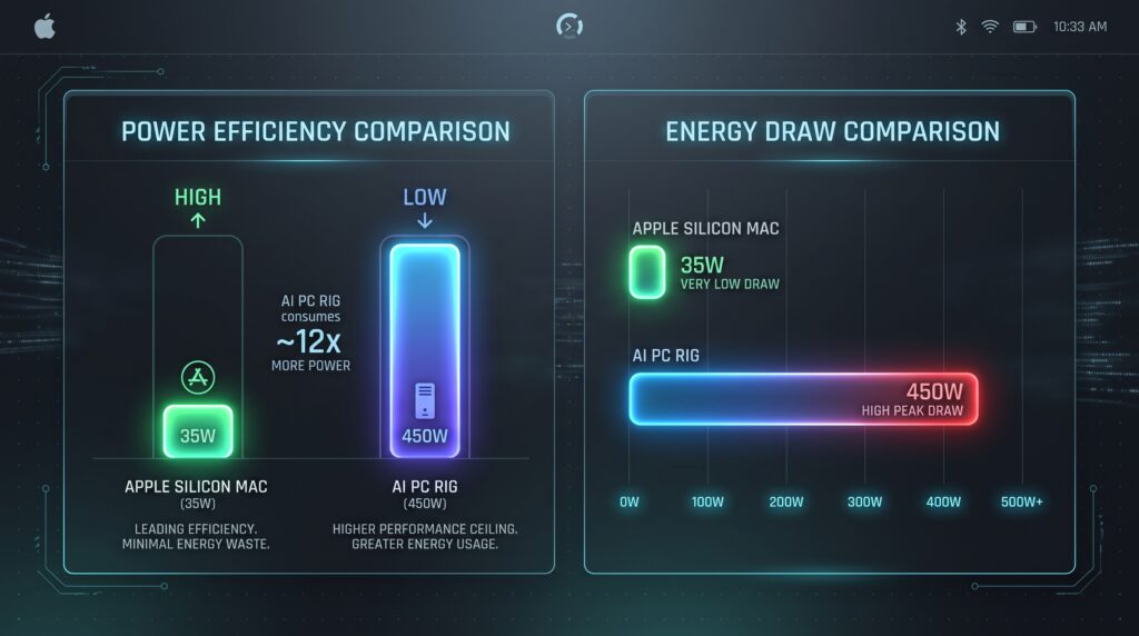 Dark-mode energy comparison chart showing Apple Silicon Mac low power draw at 35W compared to a 450W high-power PC rig.