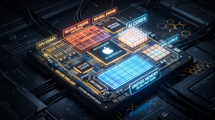 3D visualization of an Apple Silicon system-on-chip highlighting neural engine pathways, AI cores, CPU, GPU, and unified memory.