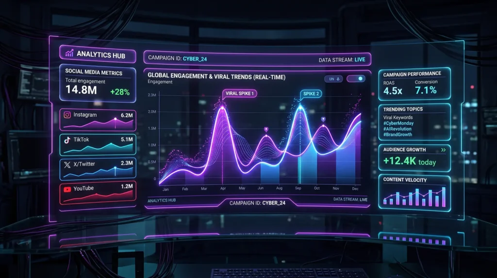 A futuristic holographic analytics dashboard displaying real-time social media engagement spikes, conversion rates, and ROI metrics