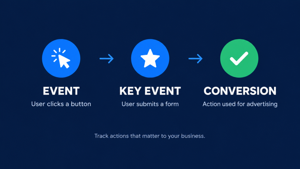 Diagram showing the GA4 tracking journey from Event to Key Event to Conversion
