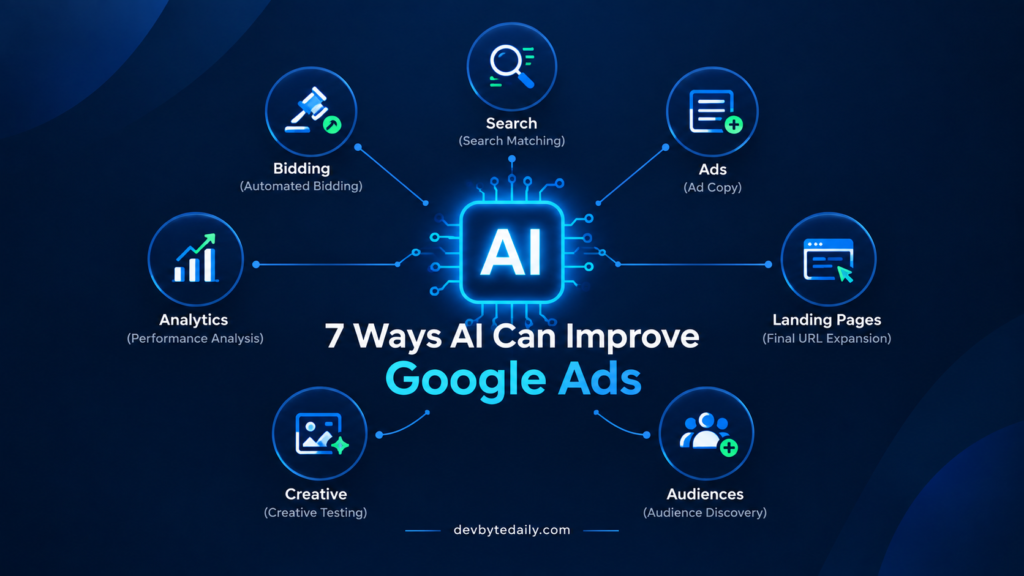 Infographic detailing 7 ways AI can improve Google Ads, featuring key concepts like bidding, search, and targeting.