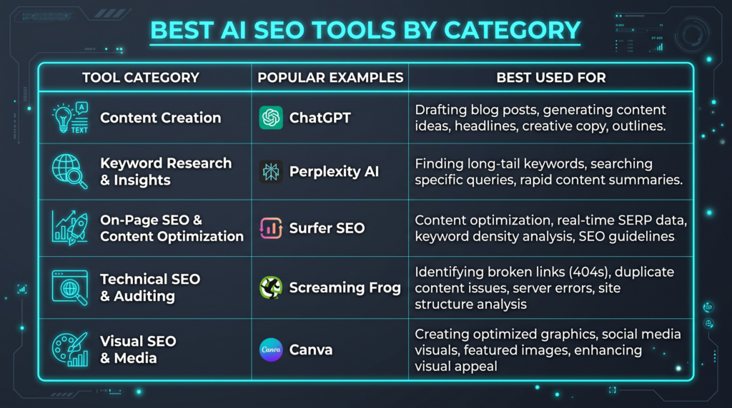 Comparison graphic table listing top AI SEO tools by category, including ChatGPT, Perplexity, Surfer SEO, Screaming Frog, and Canva with their primary use cases.