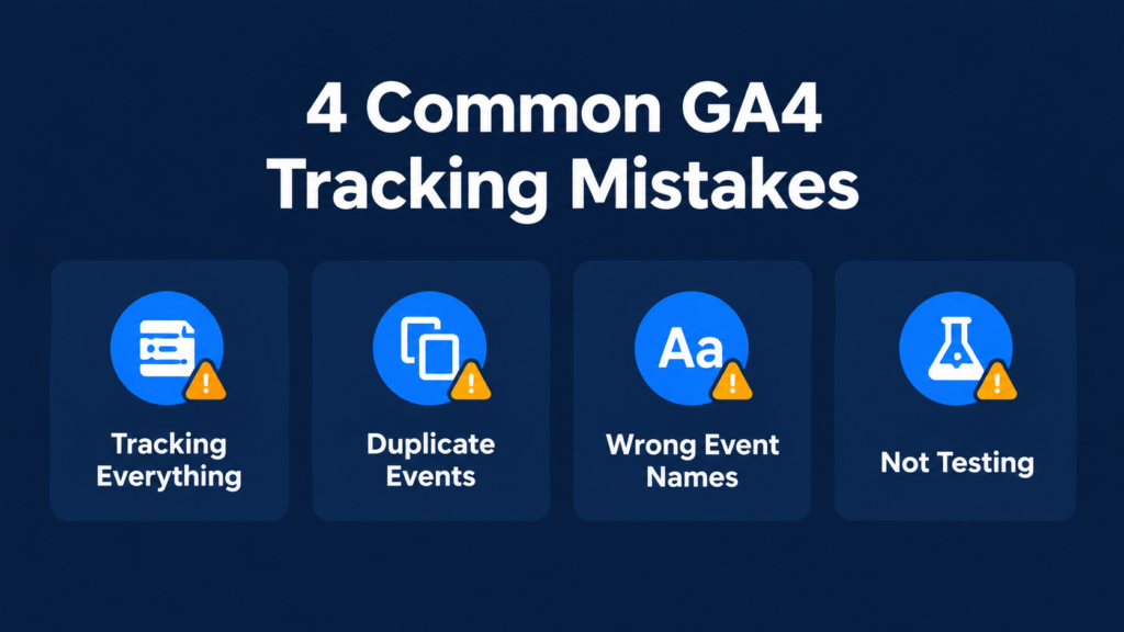 Infographic illustrating four common GA4 tracking mistakes to avoid