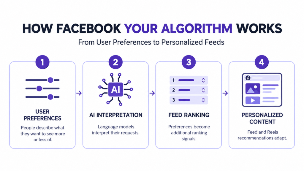 Infographic of how Facebook Your Algorithm works, showing a 4-step workflow from user preference input to personalized content.