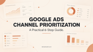 Google Ads channel prioritization and budget allocation illustrated with advertising dashboards and campaign performance charts.
