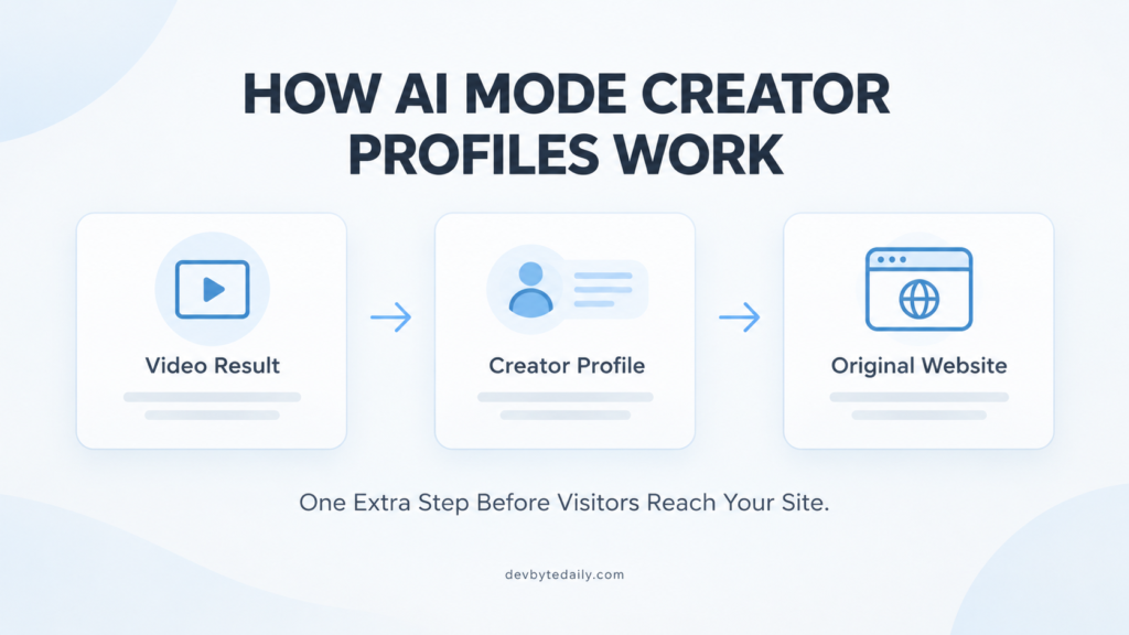 Diagram showing how a Google AI Mode video result can direct users to a creator profile before the original website.