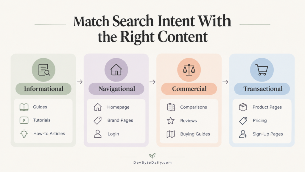 Search Intent mapped to informational, navigational, commercial, and transactional content types