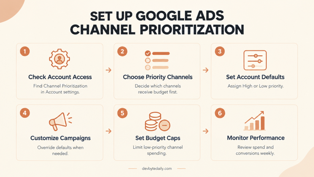 Six-step Google Ads channel prioritization process covering account access, channel priorities, account defaults, campaign customization, budget caps, and performance monitoring.