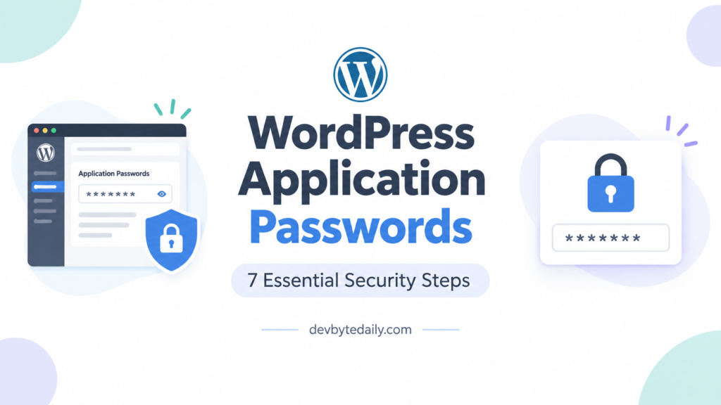 WordPress Application Passwords security guide featuring the title and a lock icon for safe API integrations.