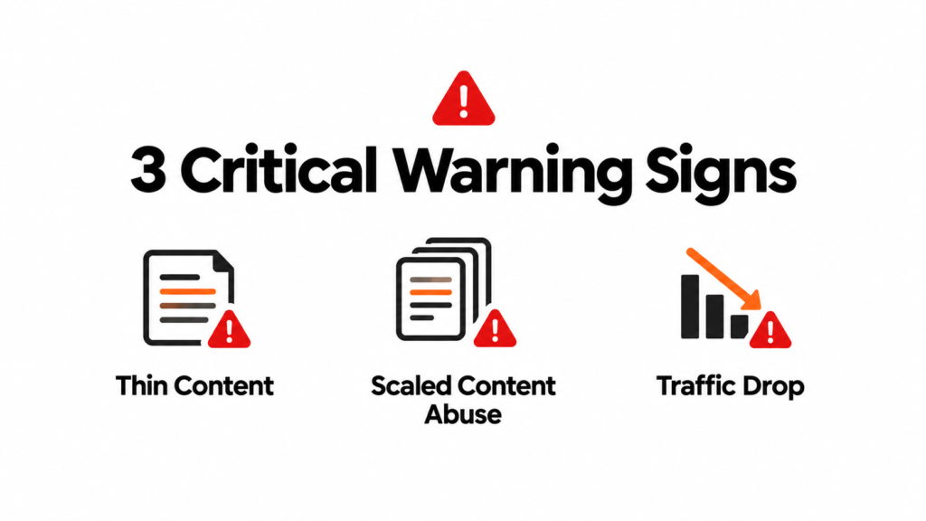 Google manual action spike infographic showing three critical warning signs: thin content, scaled content abuse, and traffic drops.