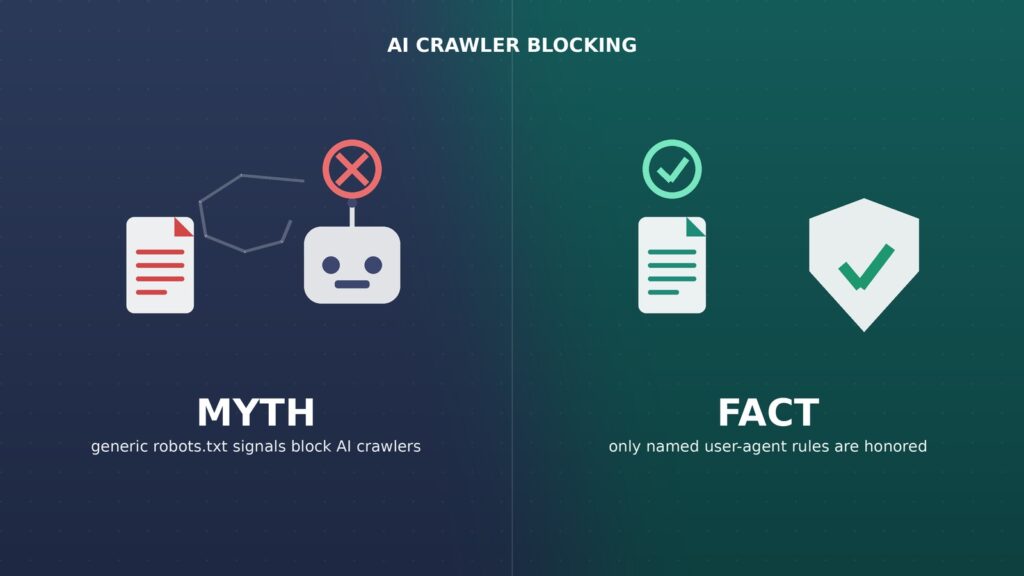 AI crawler blocking myth vs fact split graphic showing a blocked Content-Signal file on one side and a working shield on the other