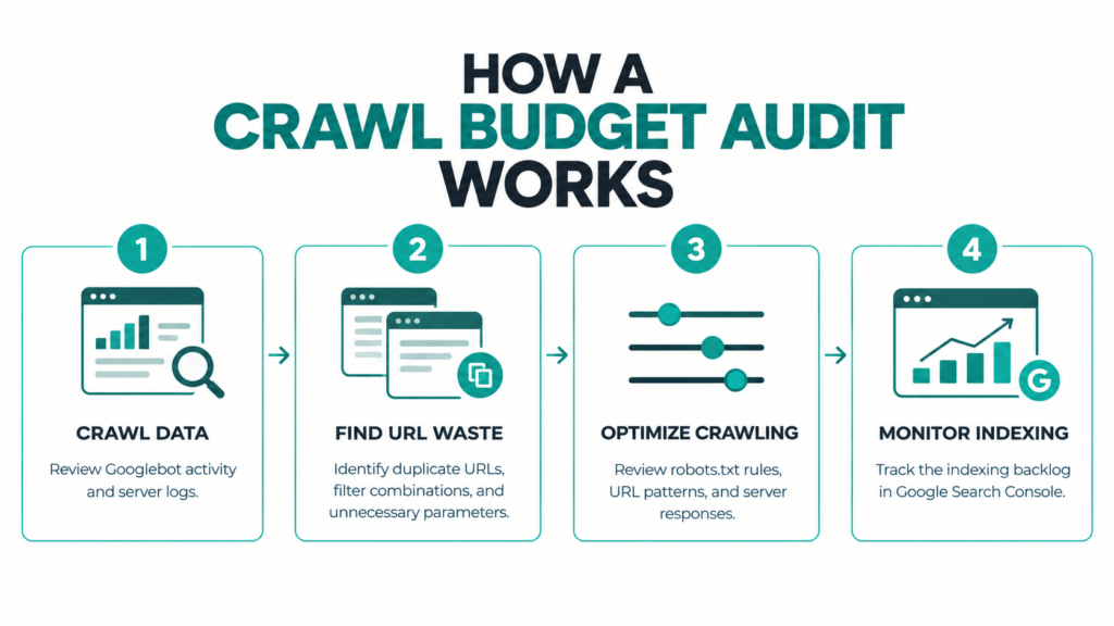 Infographic for a crawl budget audit guide, outlining 6 essential checks for faceted navigation and parameter bloat.