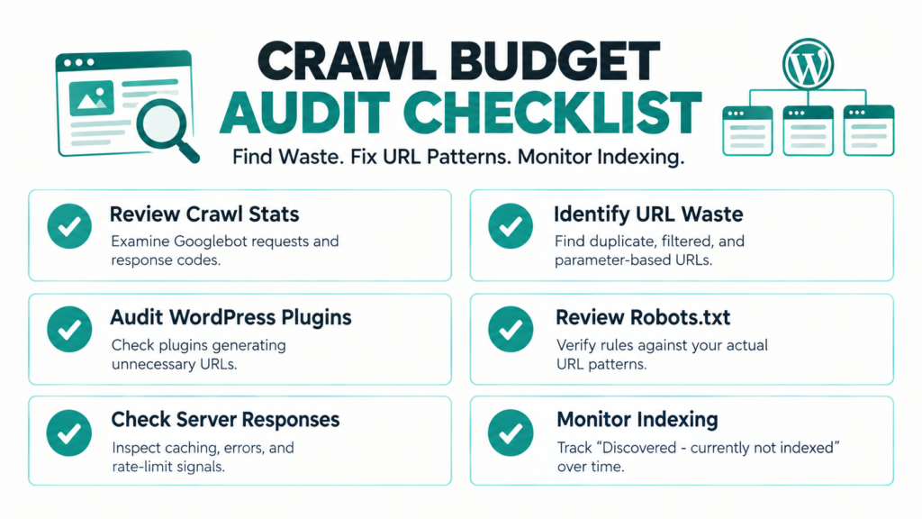 Infographic of a crawl budget audit checklist, highlighting 6 essential steps including reviewing crawl stats, identifying URL patterns, and checking robots.txt coverage.