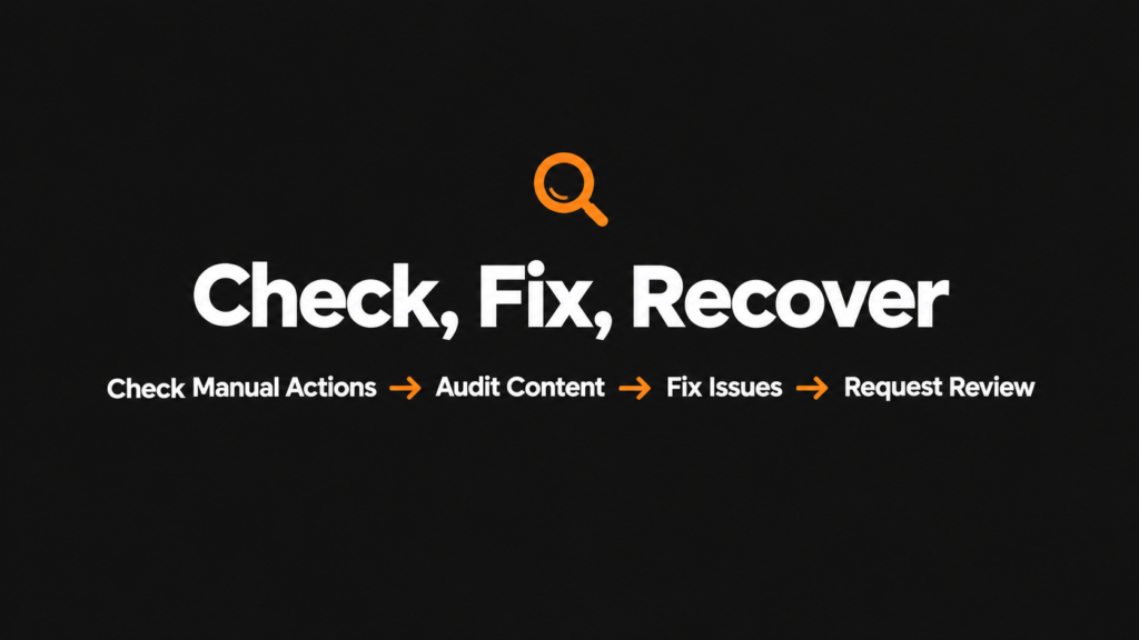 Google manual action spike recovery guide featuring a check, fix, and recover workflow for SEO penalties.