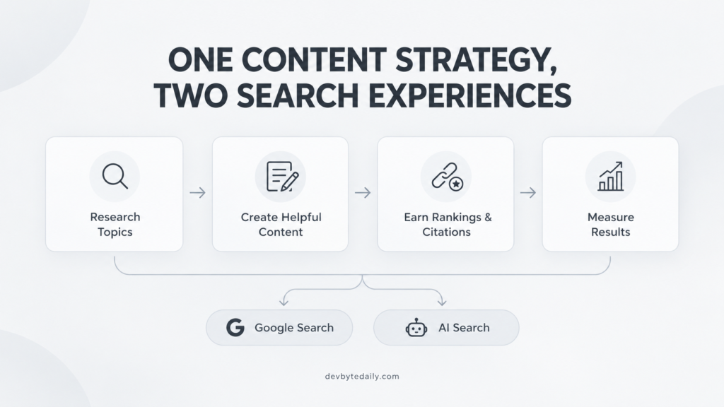 One content strategy model showing how to serve both Google Search and AI answer engines from a single editorial workflow