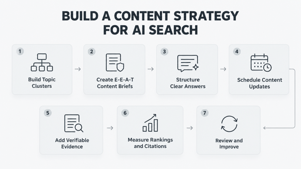 7-step framework diagram illustrating a content strategy for AI search, covering topic clusters, E-E-A-T briefs, and multi-engine measurement