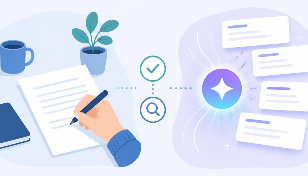 Illustration comparing manual ad copywriting to Google Ads AI Max previews of AI-generated headlines and descriptions