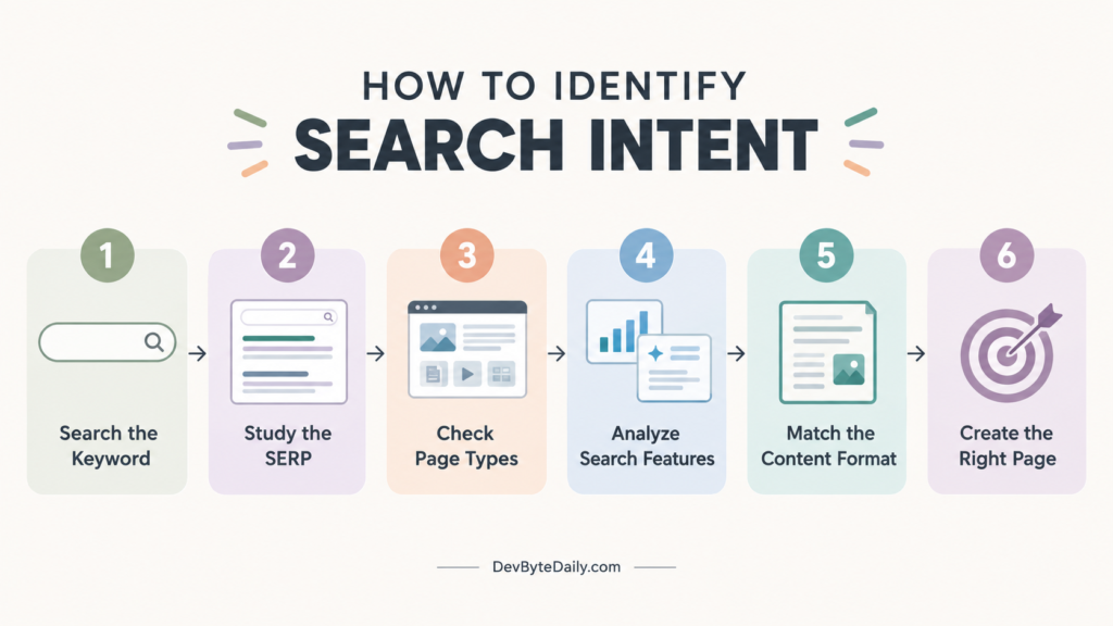 How to identify Search Intent by analyzing keywords, SERPs, page types, and search features