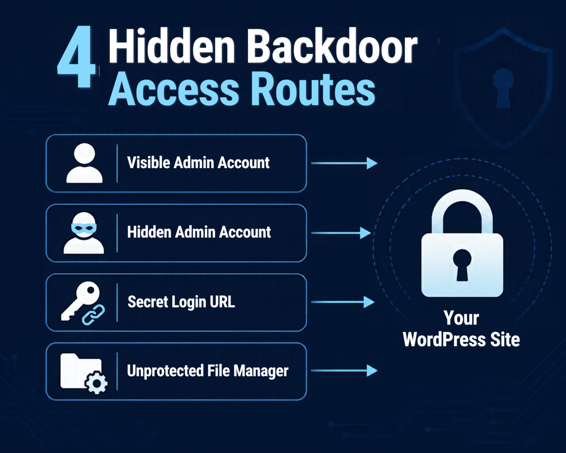 Diagram showing the four hidden backdoor access routes used in a WordPress hidden admin account attack: visible admin account, hidden admin account, secret login URL, and unprotected file manager